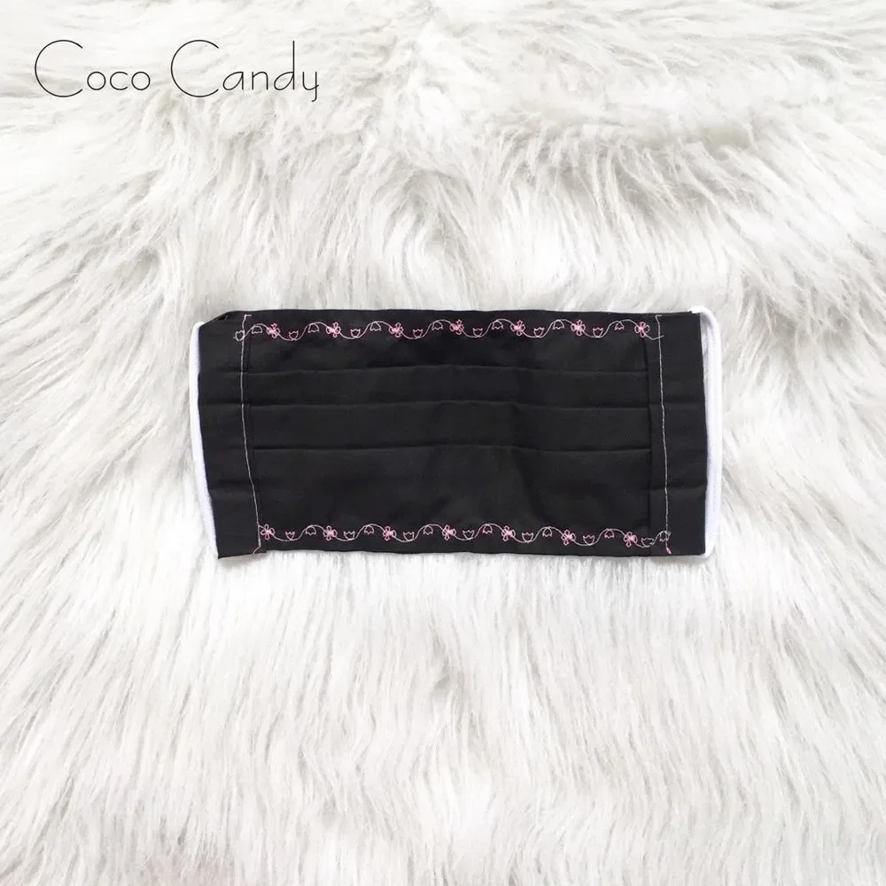 🆕Embroidered Pink Flower Black Fabric Reusable Face Mask